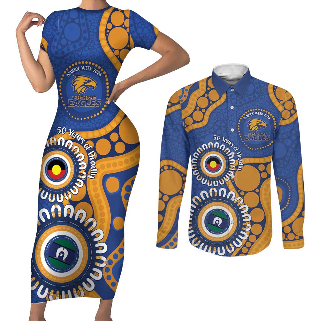 Eagles NAIDOC 2026 Personalised Couples Matching Short Sleeve Bodycon Dress and Long Sleeve Button Shirt 50 Years of Deadly Aboriginal Art