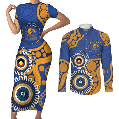 Eagles NAIDOC 2026 Personalised Couples Matching Short Sleeve Bodycon Dress and Long Sleeve Button Shirt 50 Years of Deadly Aboriginal Art