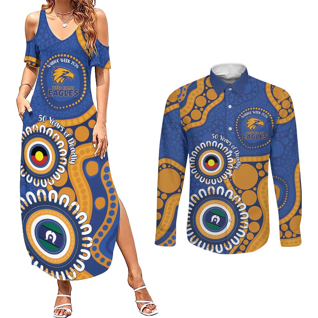 Eagles NAIDOC 2026 Personalised Couples Matching Summer Maxi Dress and Long Sleeve Button Shirt 50 Years of Deadly Aboriginal Art