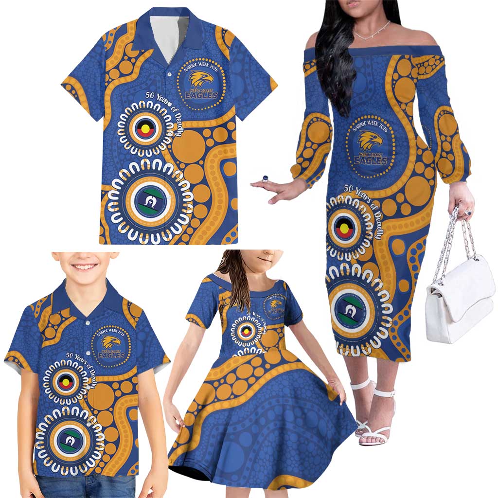 Eagles NAIDOC 2026 Personalised Family Matching Off The Shoulder Long Sleeve Dress and Hawaiian Shirt 50 Years of Deadly Aboriginal Art
