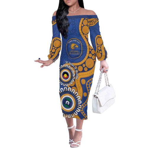 Eagles NAIDOC 2026 Personalised Family Matching Off The Shoulder Long Sleeve Dress and Hawaiian Shirt 50 Years of Deadly Aboriginal Art