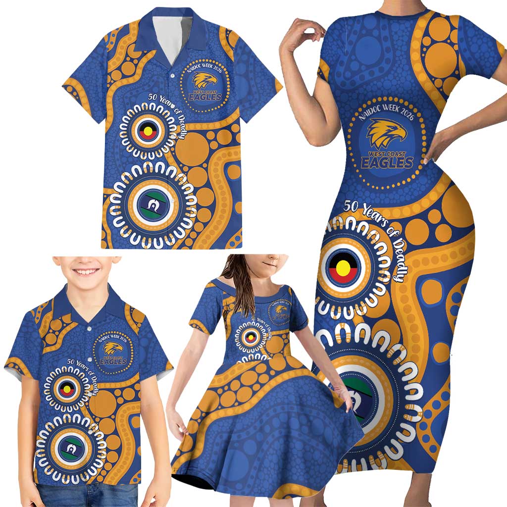 Eagles NAIDOC 2026 Personalised Family Matching Short Sleeve Bodycon Dress and Hawaiian Shirt 50 Years of Deadly Aboriginal Art