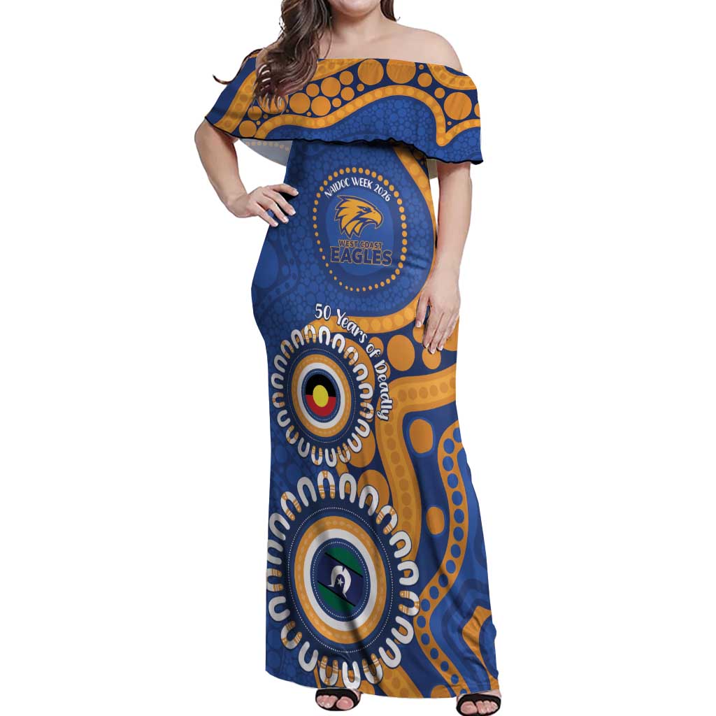 Eagles NAIDOC 2026 Personalised Off Shoulder Maxi Dress 50 Years of Deadly Aboriginal Art