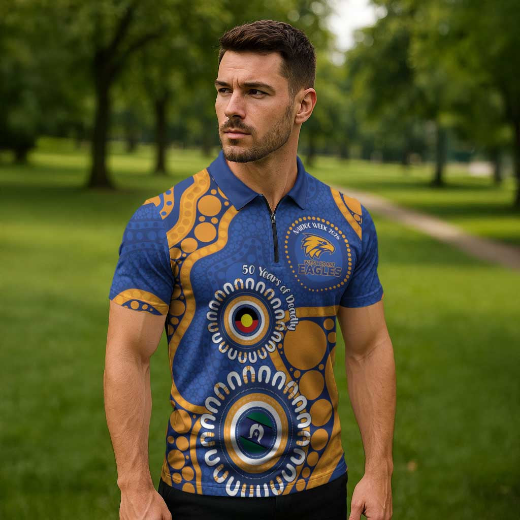 Eagles NAIDOC 2026 Personalised Zipper Polo Shirt 50 Years of Deadly Aboriginal Art
