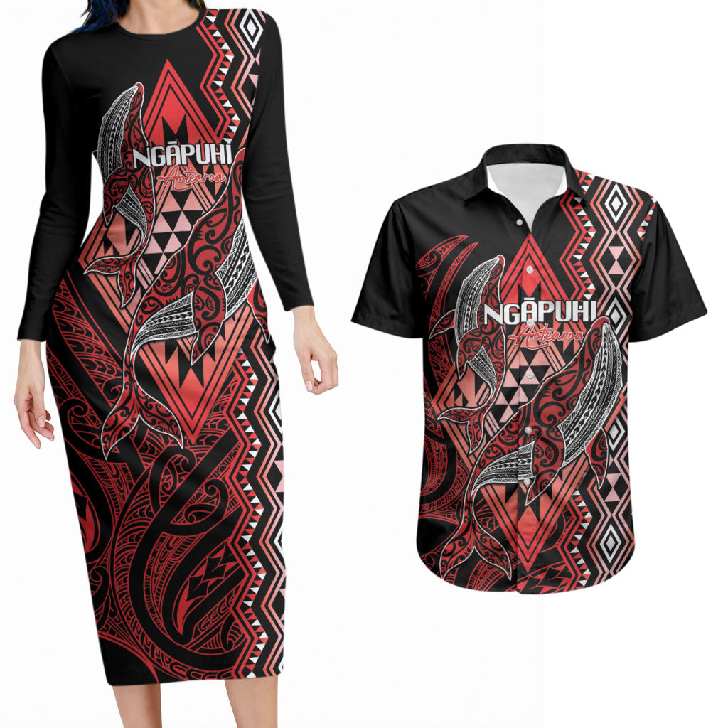 Aotearoa Iwi Ngapuhi Personalised Couples Matching Long Sleeve Bodycon Dress and Hawaiian Shirt NZ Maori Humpback Whale Taniko Motifs