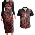 Aotearoa Iwi Ngapuhi Personalised Couples Matching Long Sleeve Bodycon Dress and Hawaiian Shirt NZ Maori Humpback Whale Taniko Motifs