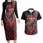 Aotearoa Iwi Ngapuhi Personalised Couples Matching Long Sleeve Bodycon Dress and Hawaiian Shirt NZ Maori Humpback Whale Taniko Motifs