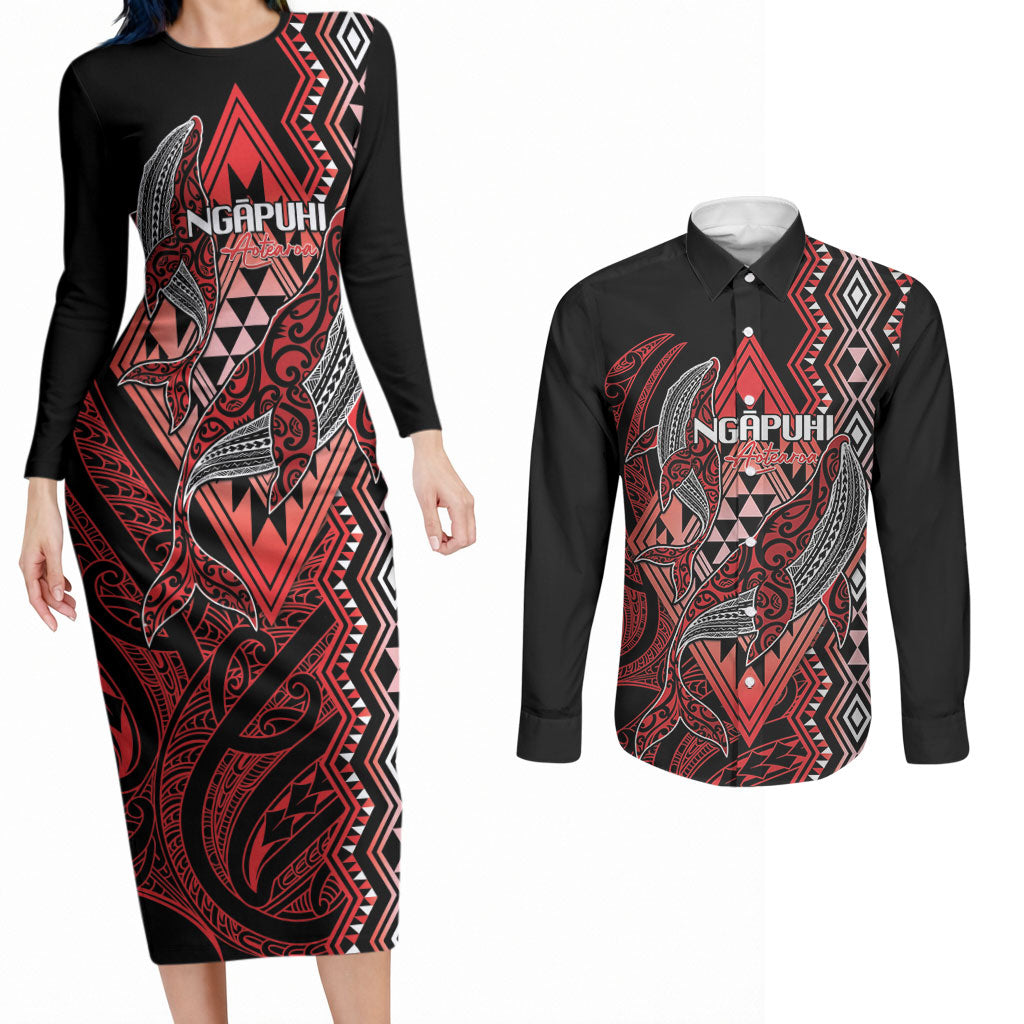 Aotearoa Iwi Ngapuhi Personalised Couples Matching Long Sleeve Bodycon Dress and Long Sleeve Button Shirt NZ Maori Humpback Whale Taniko Motifs