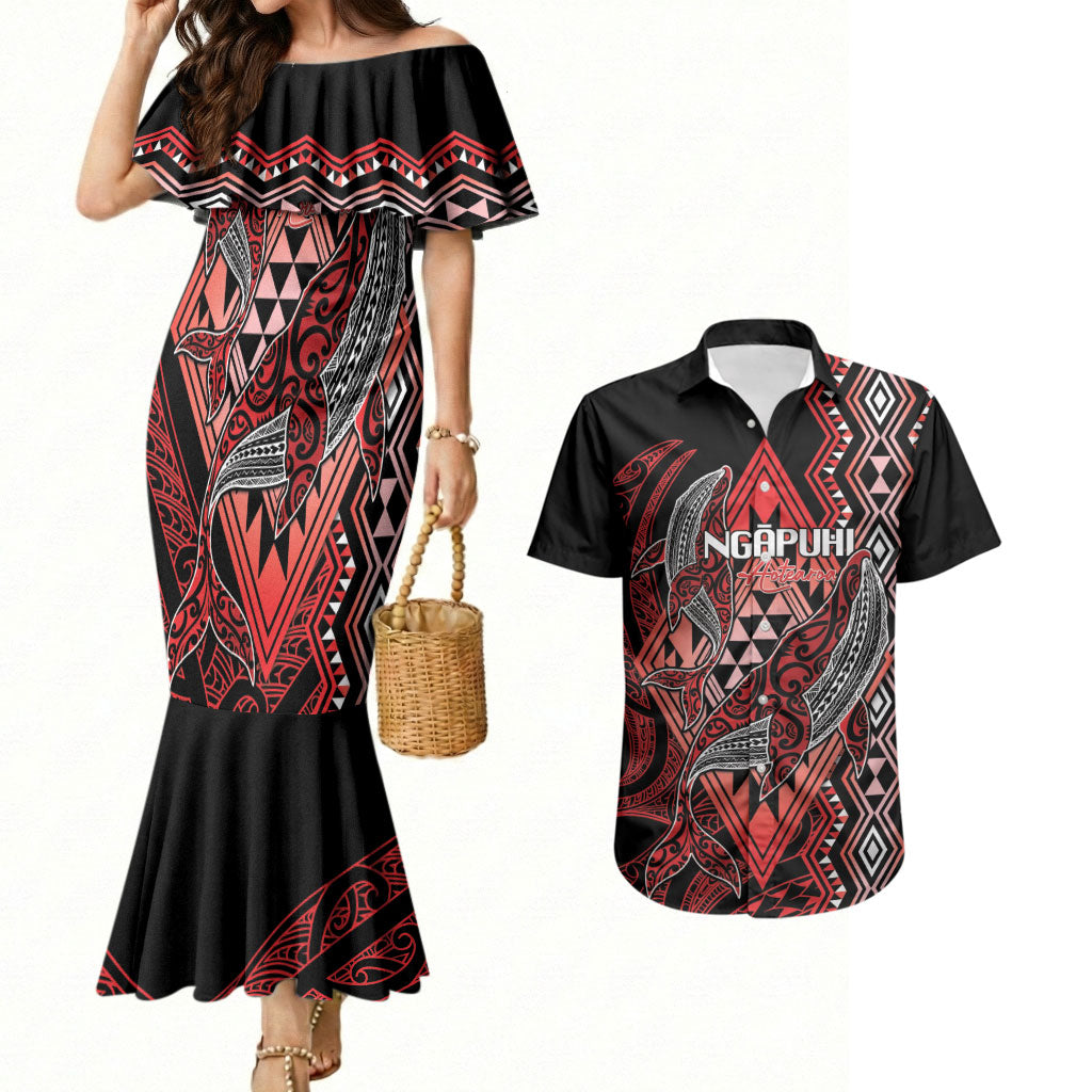 Aotearoa Iwi Ngapuhi Personalised Couples Matching Mermaid Dress and Hawaiian Shirt NZ Maori Humpback Whale Taniko Motifs