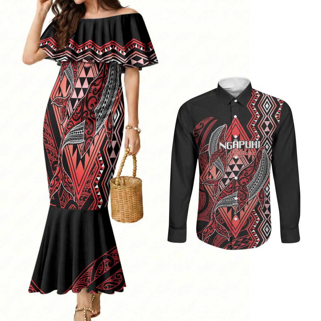 Aotearoa Iwi Ngapuhi Personalised Couples Matching Mermaid Dress and Long Sleeve Button Shirt NZ Maori Humpback Whale Taniko Motifs