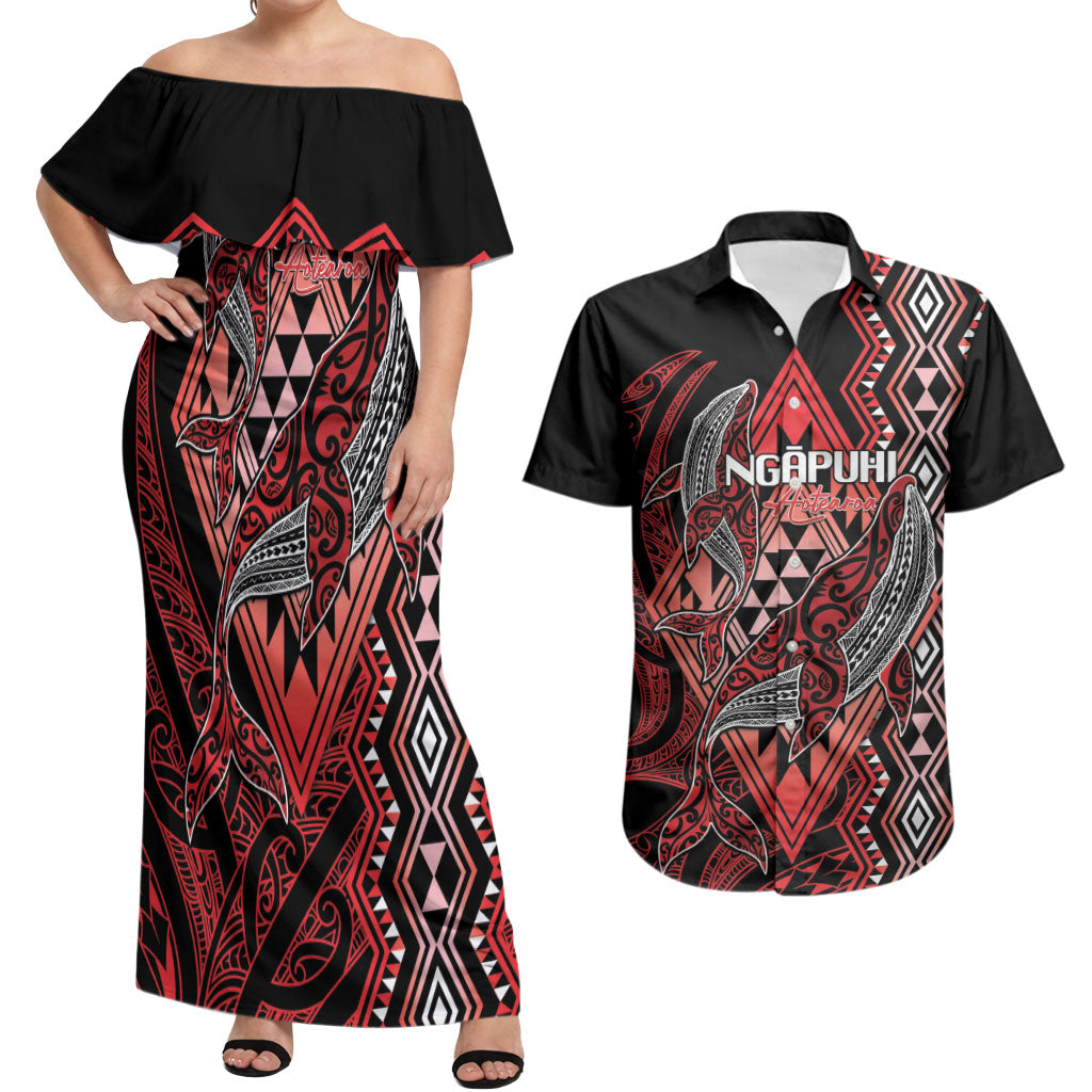 Aotearoa Iwi Ngapuhi Personalised Couples Matching Off Shoulder Maxi Dress and Hawaiian Shirt NZ Maori Humpback Whale Taniko Motifs