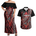 Aotearoa Iwi Ngapuhi Personalised Couples Matching Off Shoulder Maxi Dress and Hawaiian Shirt NZ Maori Humpback Whale Taniko Motifs