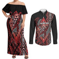 Aotearoa Iwi Ngapuhi Personalised Couples Matching Off Shoulder Maxi Dress and Long Sleeve Button Shirt NZ Maori Humpback Whale Taniko Motifs
