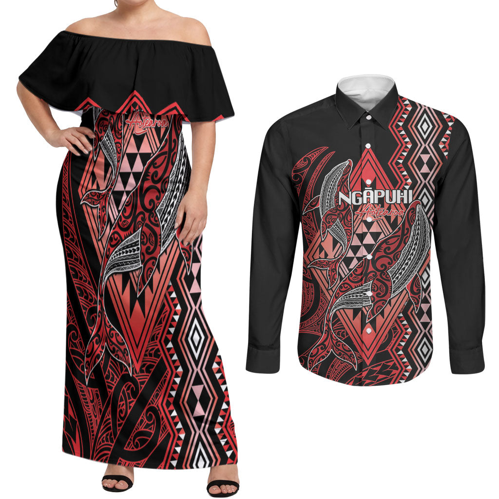 Aotearoa Iwi Ngapuhi Personalised Couples Matching Off Shoulder Maxi Dress and Long Sleeve Button Shirt NZ Maori Humpback Whale Taniko Motifs