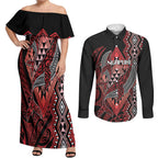 Aotearoa Iwi Ngapuhi Personalised Couples Matching Off Shoulder Maxi Dress and Long Sleeve Button Shirt NZ Maori Humpback Whale Taniko Motifs