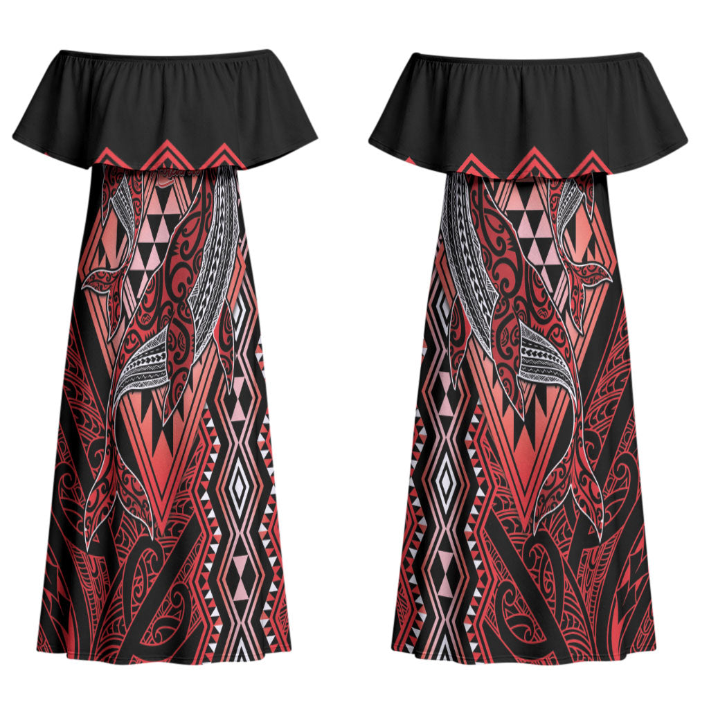 Aotearoa Iwi Ngapuhi Personalised Couples Matching Off Shoulder Maxi Dress and Long Sleeve Button Shirt NZ Maori Humpback Whale Taniko Motifs