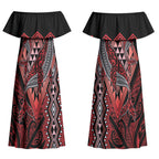 Aotearoa Iwi Ngapuhi Personalised Couples Matching Off Shoulder Maxi Dress and Long Sleeve Button Shirt NZ Maori Humpback Whale Taniko Motifs