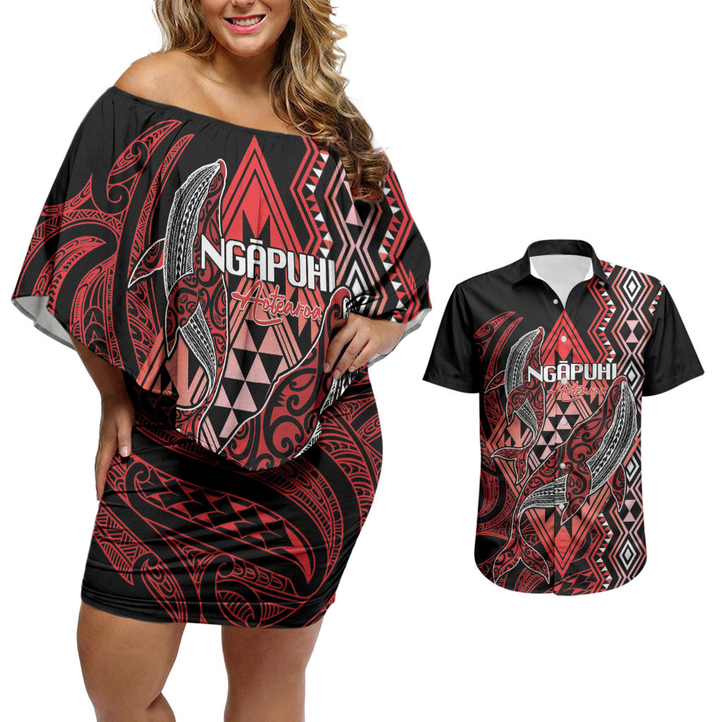 Aotearoa Iwi Ngapuhi Personalised Couples Matching Off Shoulder Short Dress and Hawaiian Shirt NZ Maori Humpback Whale Taniko Motifs