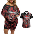 Aotearoa Iwi Ngapuhi Personalised Couples Matching Off Shoulder Short Dress and Hawaiian Shirt NZ Maori Humpback Whale Taniko Motifs