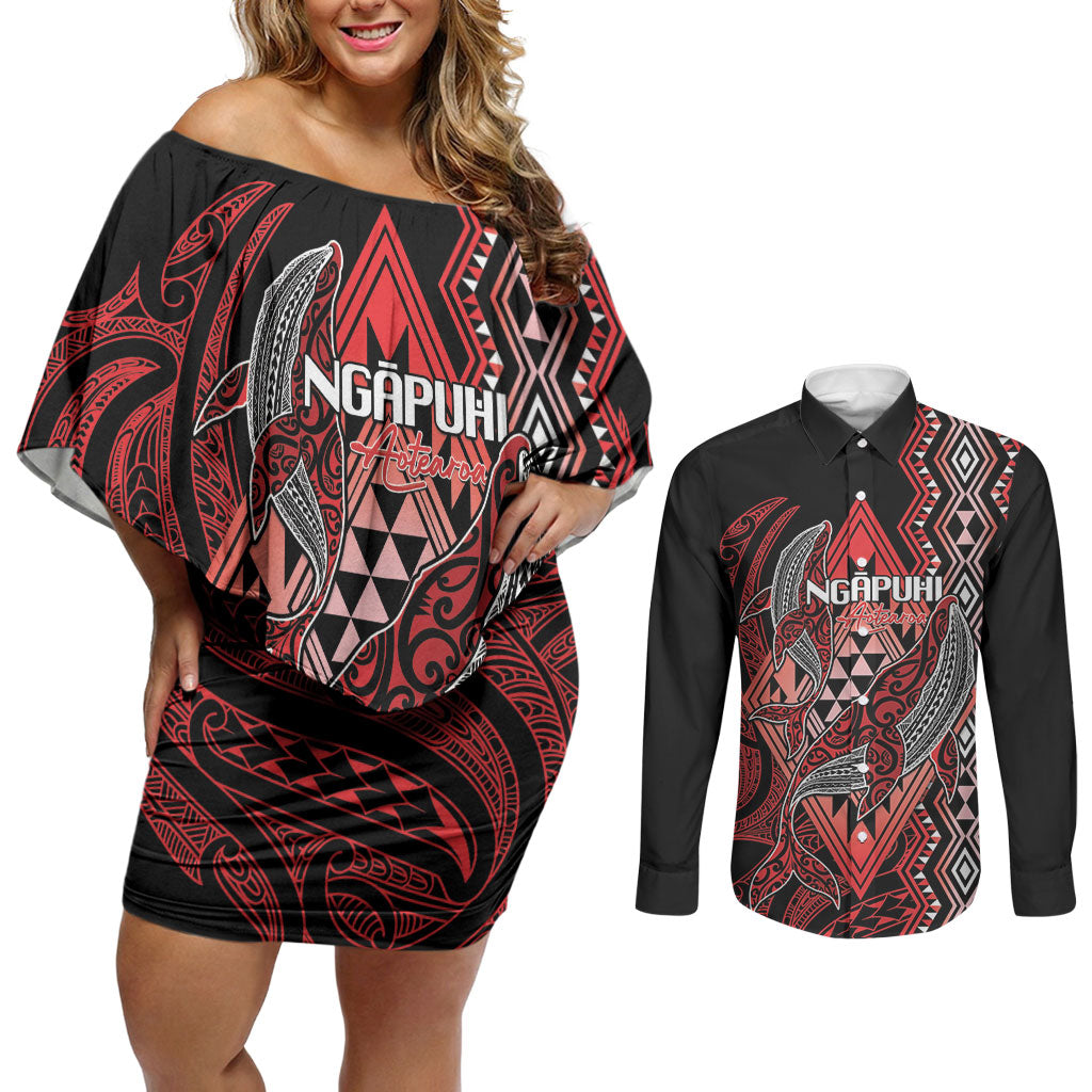 Aotearoa Iwi Ngapuhi Personalised Couples Matching Off Shoulder Short Dress and Long Sleeve Button Shirt NZ Maori Humpback Whale Taniko Motifs