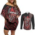 Aotearoa Iwi Ngapuhi Personalised Couples Matching Off Shoulder Short Dress and Long Sleeve Button Shirt NZ Maori Humpback Whale Taniko Motifs