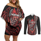 Aotearoa Iwi Ngapuhi Personalised Couples Matching Off Shoulder Short Dress and Long Sleeve Button Shirt NZ Maori Humpback Whale Taniko Motifs