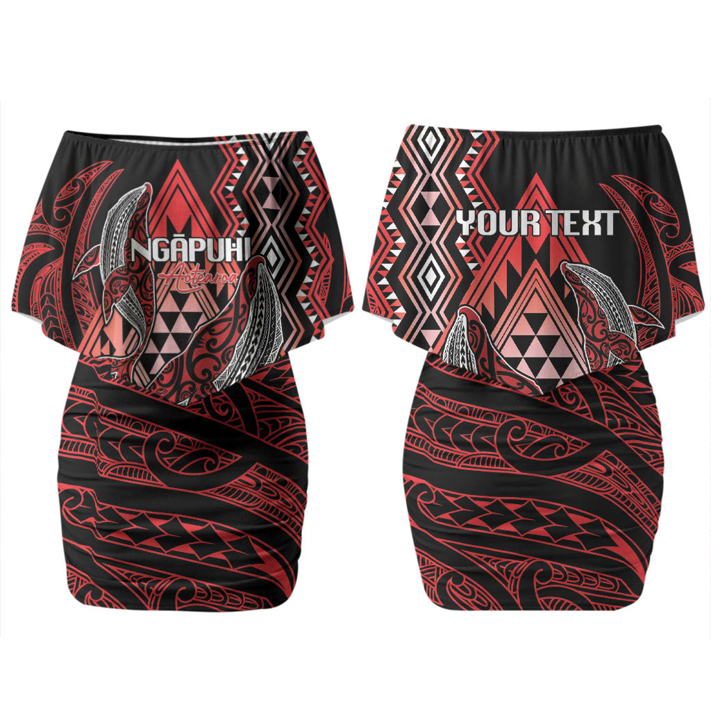 Aotearoa Iwi Ngapuhi Personalised Couples Matching Off Shoulder Short Dress and Long Sleeve Button Shirt NZ Maori Humpback Whale Taniko Motifs