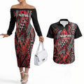 Aotearoa Iwi Ngapuhi Personalised Couples Matching Off The Shoulder Long Sleeve Dress and Hawaiian Shirt NZ Maori Humpback Whale Taniko Motifs