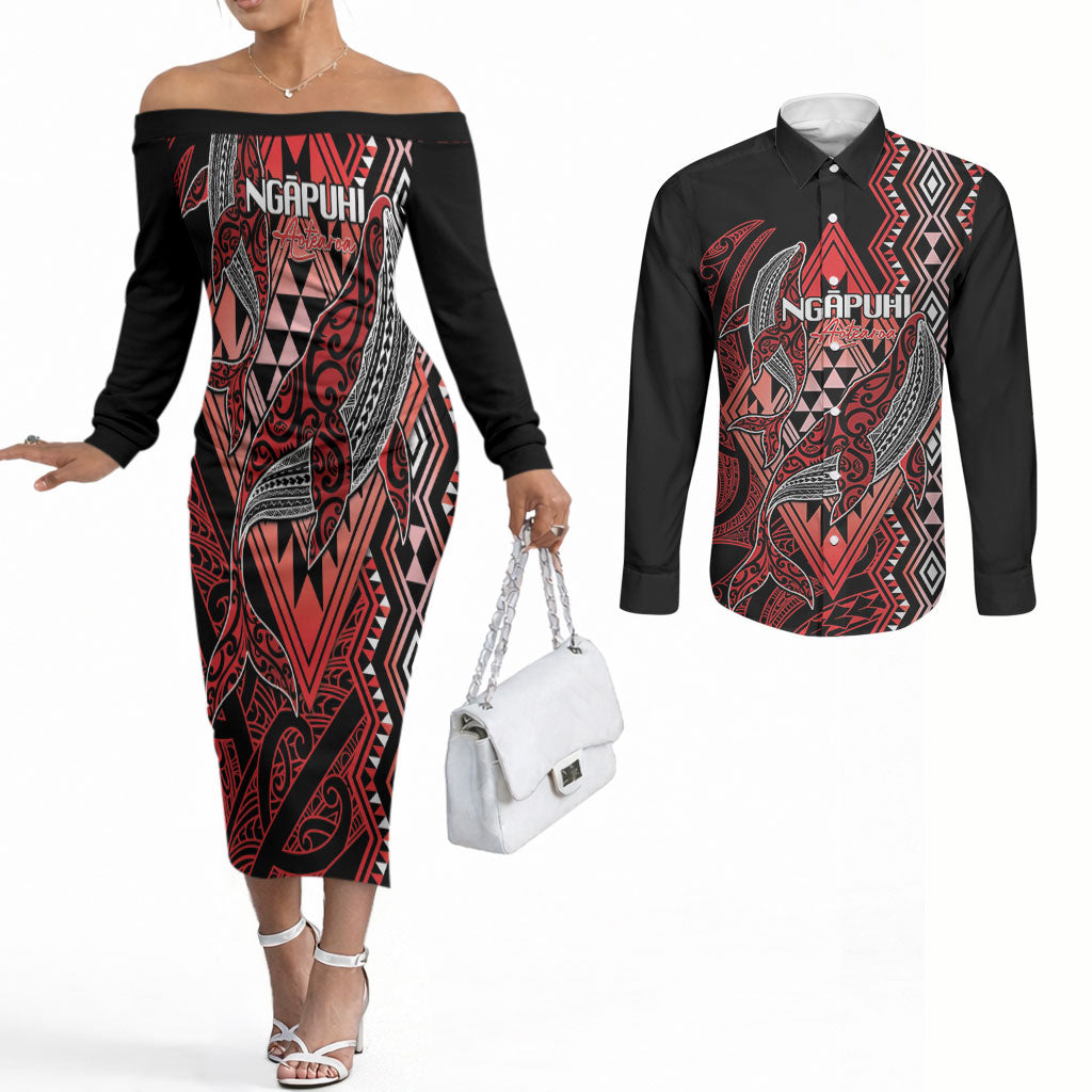 Aotearoa Iwi Ngapuhi Personalised Couples Matching Off The Shoulder Long Sleeve Dress and Long Sleeve Button Shirt NZ Maori Humpback Whale Taniko Motifs