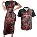 Aotearoa Iwi Ngapuhi Personalised Couples Matching Short Sleeve Bodycon Dress and Hawaiian Shirt NZ Maori Humpback Whale Taniko Motifs
