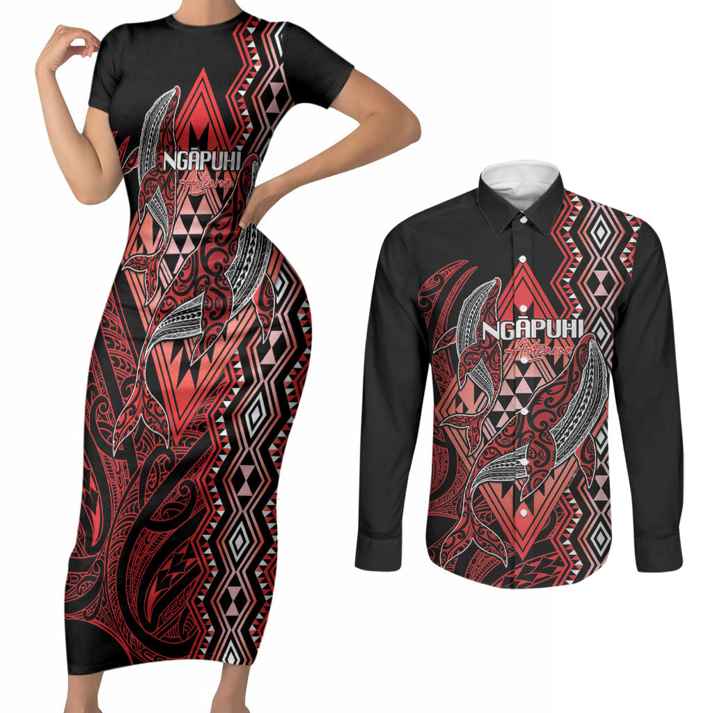 Aotearoa Iwi Ngapuhi Personalised Couples Matching Short Sleeve Bodycon Dress and Long Sleeve Button Shirt NZ Maori Humpback Whale Taniko Motifs