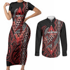 Aotearoa Iwi Ngapuhi Personalised Couples Matching Short Sleeve Bodycon Dress and Long Sleeve Button Shirt NZ Maori Humpback Whale Taniko Motifs
