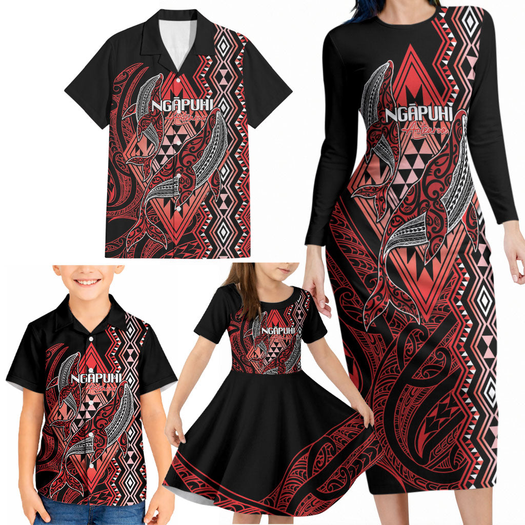 Aotearoa Iwi Ngapuhi Personalised Family Matching Long Sleeve Bodycon Dress and Hawaiian Shirt NZ Maori Humpback Whale Taniko Motifs