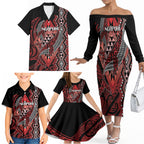Aotearoa Iwi Ngapuhi Personalised Family Matching Off The Shoulder Long Sleeve Dress and Hawaiian Shirt NZ Maori Humpback Whale Taniko Motifs