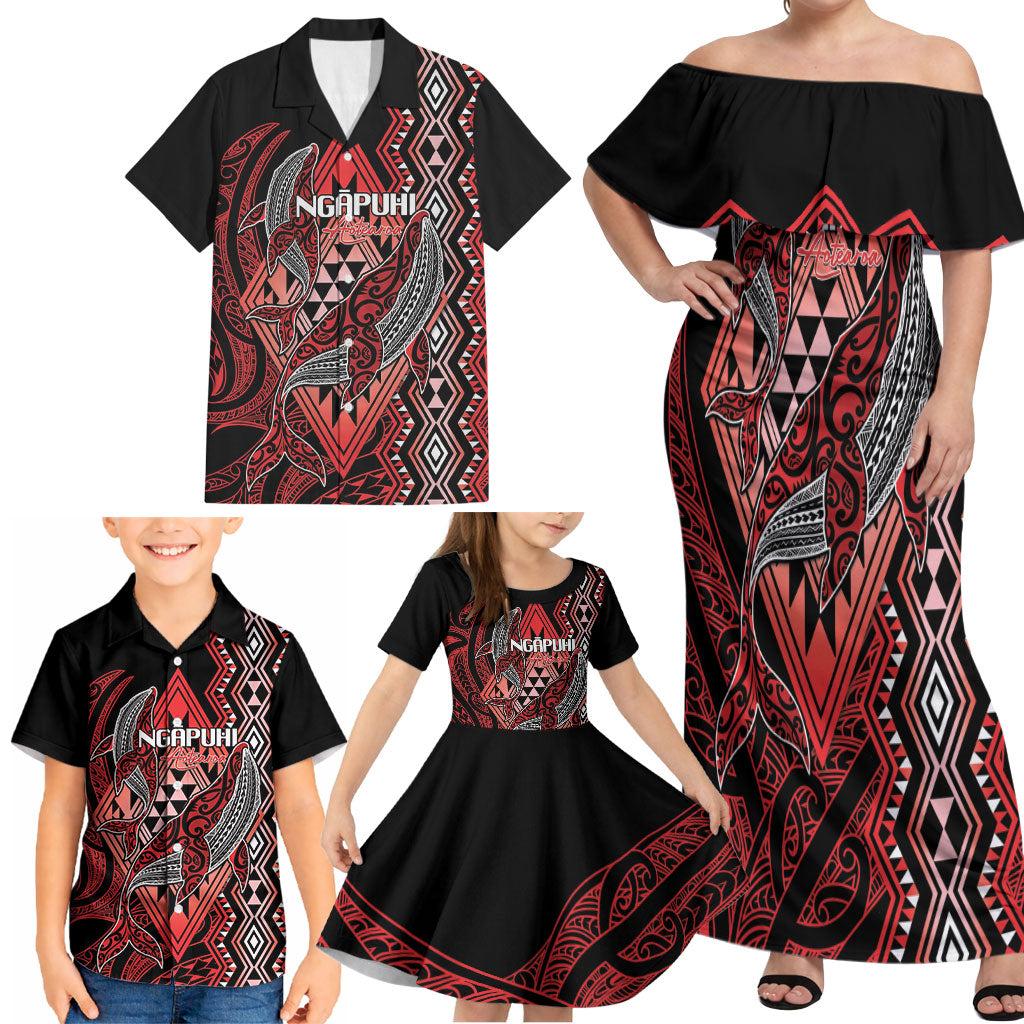 Aotearoa Iwi Ngapuhi Personalised Family Matching Off Shoulder Maxi Dress and Hawaiian Shirt NZ Maori Humpback Whale Taniko Motifs
