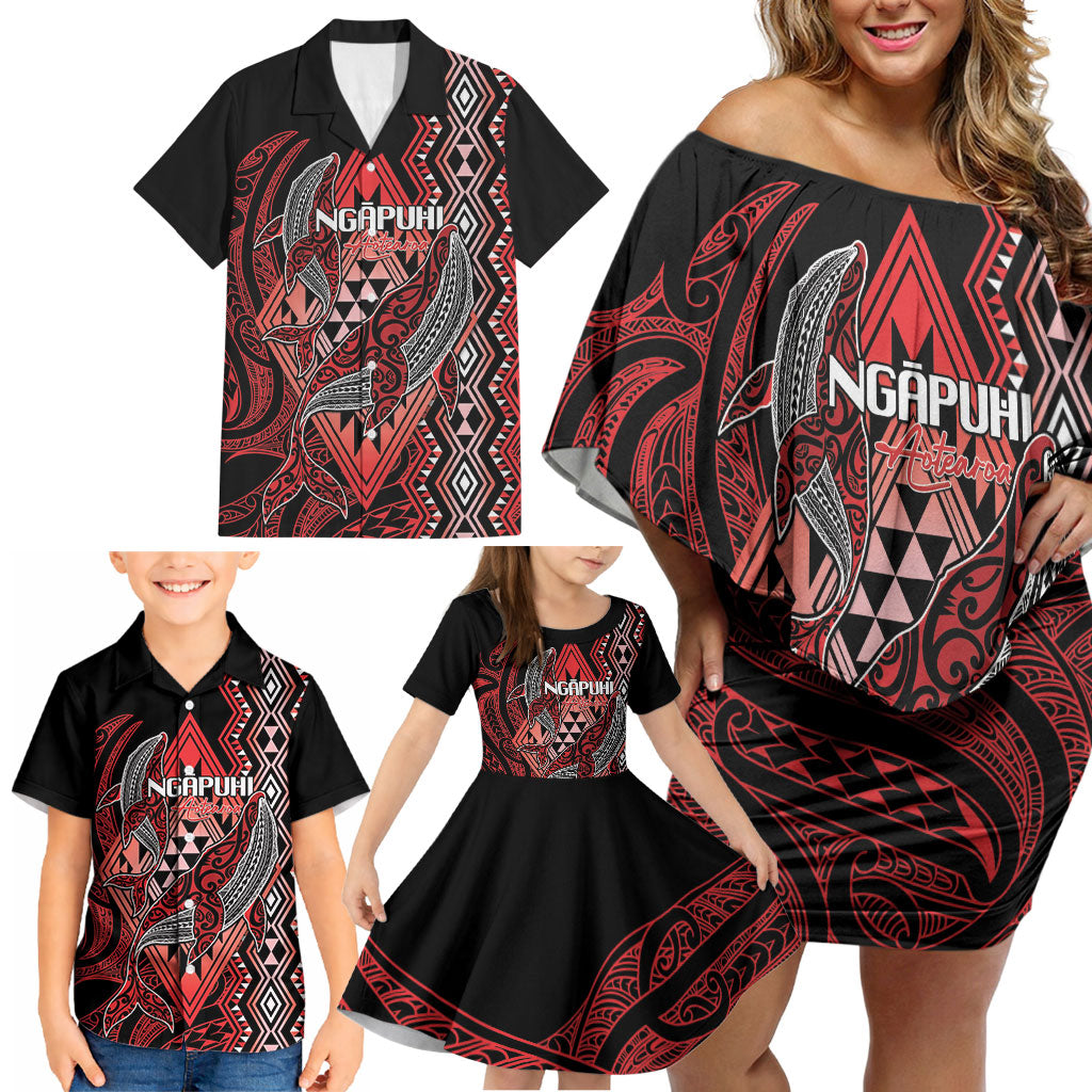 Aotearoa Iwi Ngapuhi Personalised Family Matching Off Shoulder Short Dress and Hawaiian Shirt NZ Maori Humpback Whale Taniko Motifs