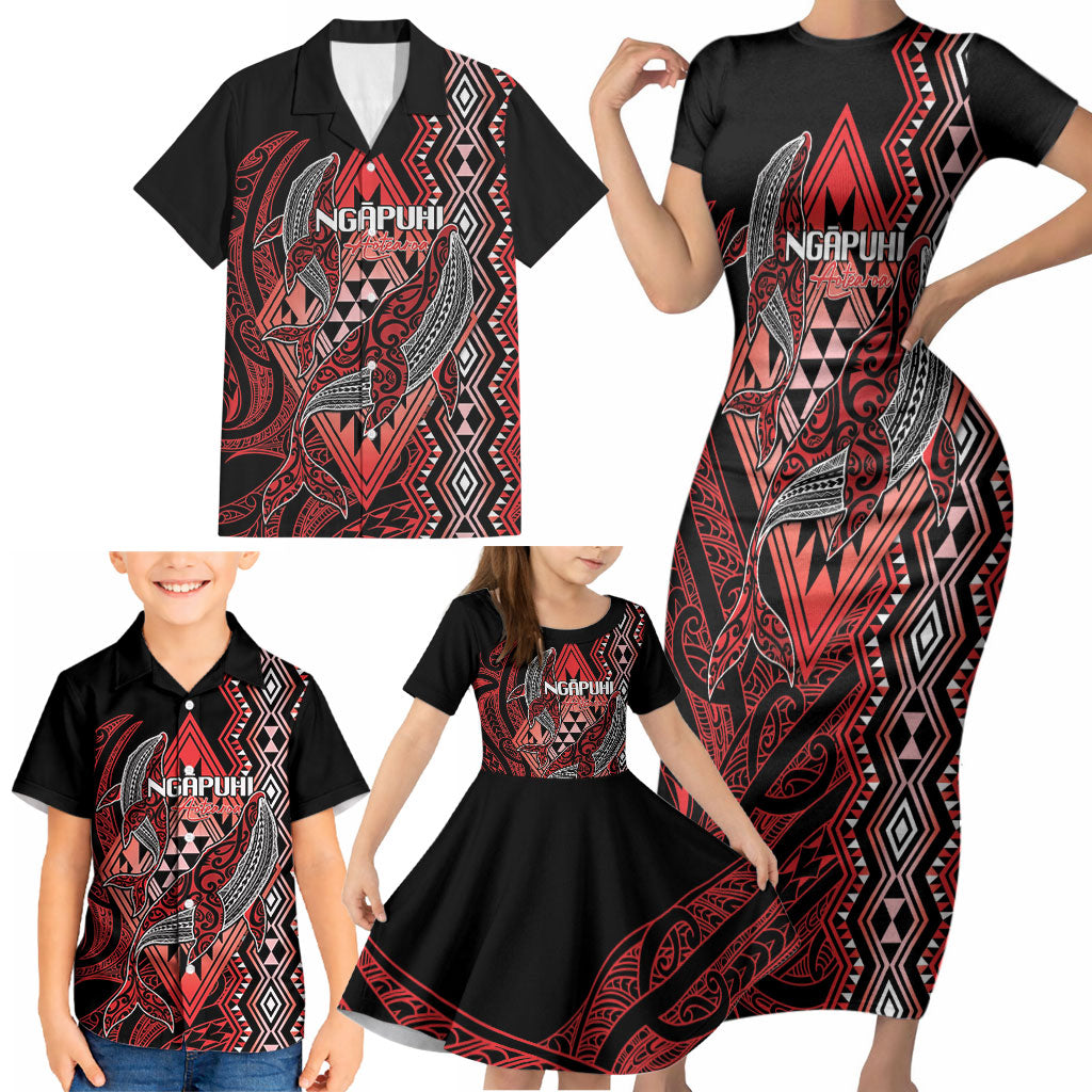 Aotearoa Iwi Ngapuhi Personalised Family Matching Short Sleeve Bodycon Dress and Hawaiian Shirt NZ Maori Humpback Whale Taniko Motifs