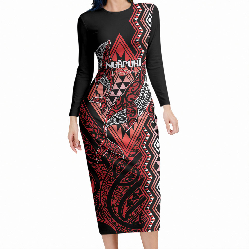 Aotearoa Iwi Ngapuhi Personalised Long Sleeve Bodycon Dress NZ Maori Humpback Whale Taniko Motifs