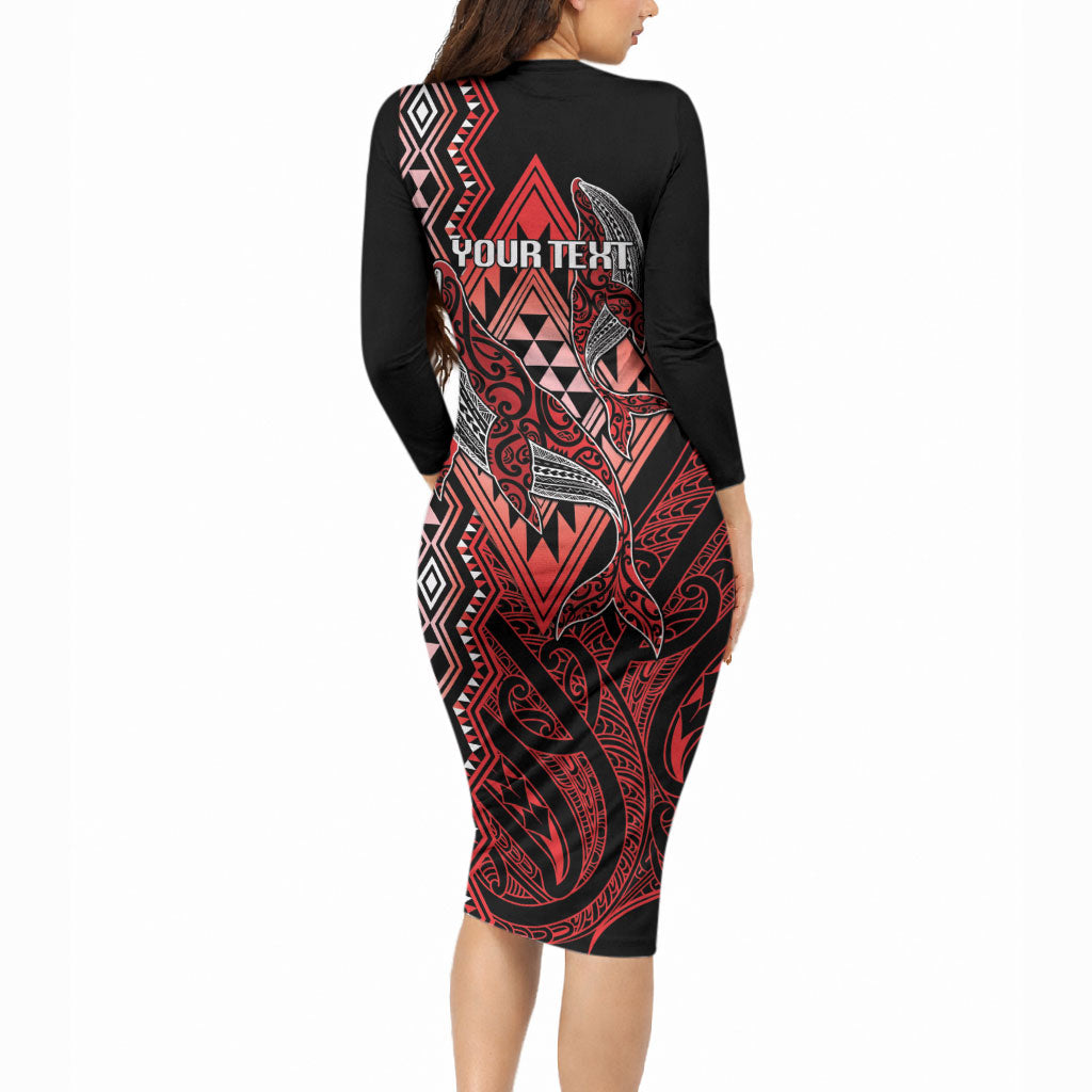 Aotearoa Iwi Ngapuhi Personalised Long Sleeve Bodycon Dress NZ Maori Humpback Whale Taniko Motifs