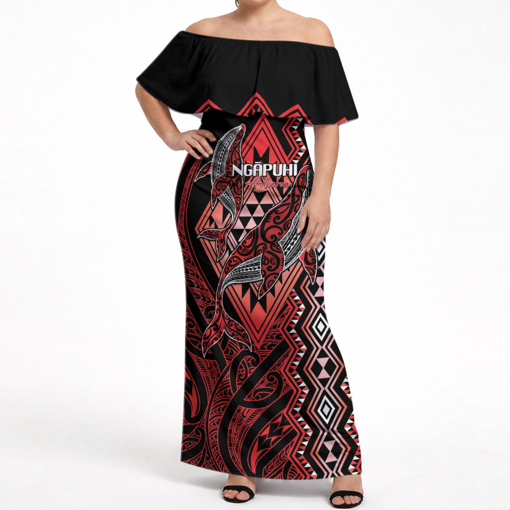 Aotearoa Iwi Ngapuhi Personalised Off Shoulder Maxi Dress NZ Maori Humpback Whale Taniko Motifs