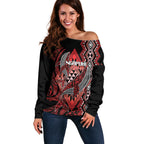 Aotearoa Iwi Ngapuhi Personalised Off Shoulder Sweater NZ Maori Humpback Whale Taniko Motifs