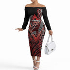 Aotearoa Iwi Ngapuhi Personalised Off The Shoulder Long Sleeve Dress NZ Maori Humpback Whale Taniko Motifs