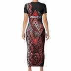 Aotearoa Iwi Ngapuhi Personalised Short Sleeve Bodycon Dress NZ Maori Humpback Whale Taniko Motifs