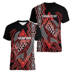 Aotearoa Iwi Ngapuhi Personalised Women V-Neck T-Shirt NZ Maori Humpback Whale Taniko Motifs