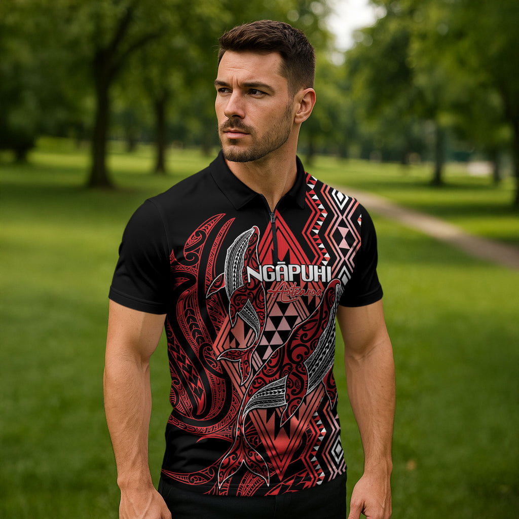 Aotearoa Iwi Ngapuhi Personalised Zipper Polo Shirt NZ Maori Humpback Whale Taniko Motifs