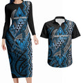 Aotearoa Iwi Ngati Porou Personalised Couples Matching Long Sleeve Bodycon Dress and Hawaiian Shirt NZ Maori Humpback Whale Taniko Motifs