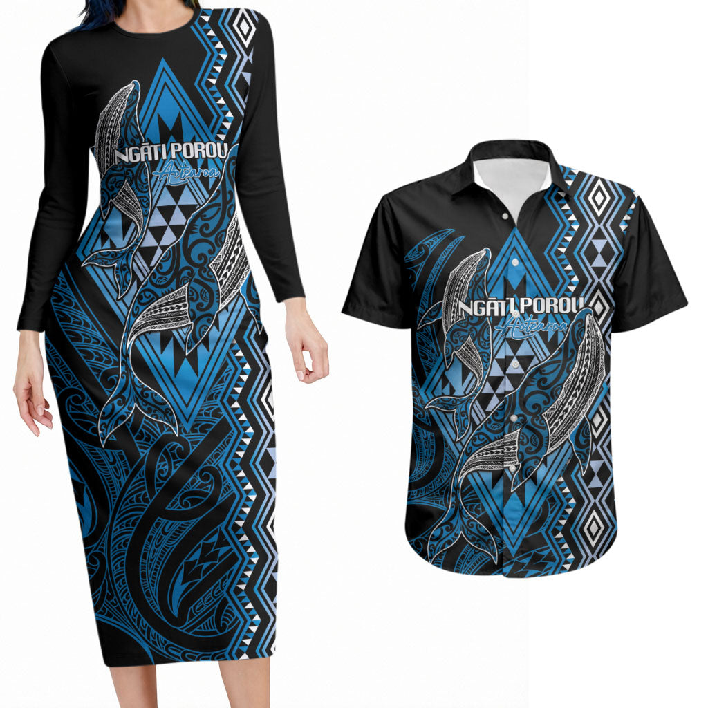 Aotearoa Iwi Ngati Porou Personalised Couples Matching Long Sleeve Bodycon Dress and Hawaiian Shirt NZ Maori Humpback Whale Taniko Motifs