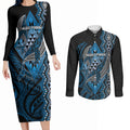 Aotearoa Iwi Ngati Porou Personalised Couples Matching Long Sleeve Bodycon Dress and Long Sleeve Button Shirt NZ Maori Humpback Whale Taniko Motifs