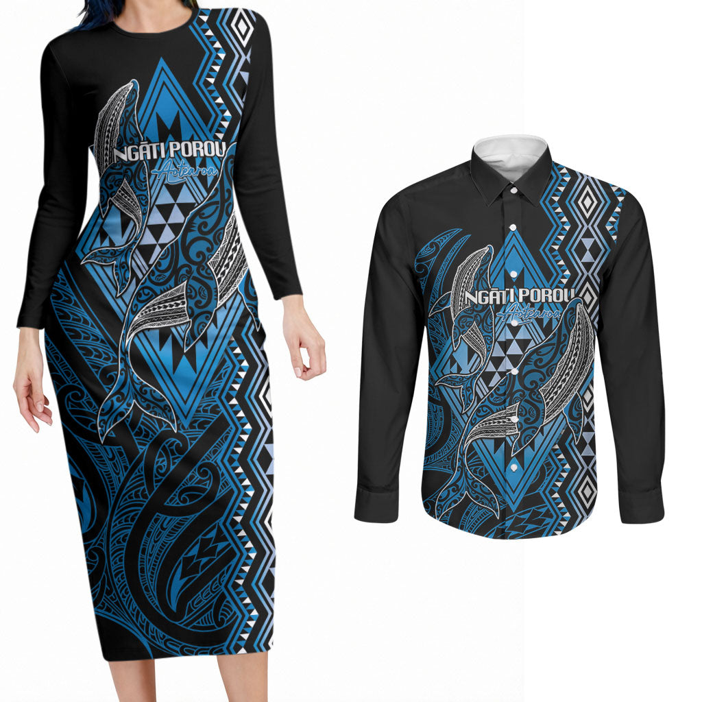 Aotearoa Iwi Ngati Porou Personalised Couples Matching Long Sleeve Bodycon Dress and Long Sleeve Button Shirt NZ Maori Humpback Whale Taniko Motifs