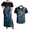 Aotearoa Iwi Ngati Porou Personalised Couples Matching Off Shoulder Maxi Dress and Hawaiian Shirt NZ Maori Humpback Whale Taniko Motifs